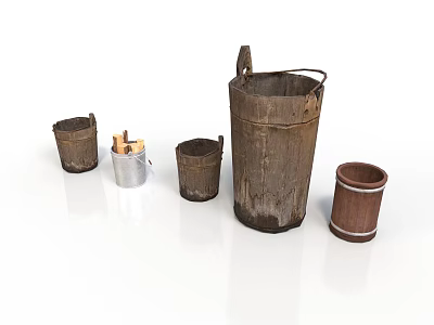 Rustic Wooden Buckets With Different Sizes For Household Use And Decor 3d model