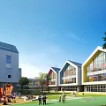 Modern School Building Campus With Landscaped Area Playground Trees And Road