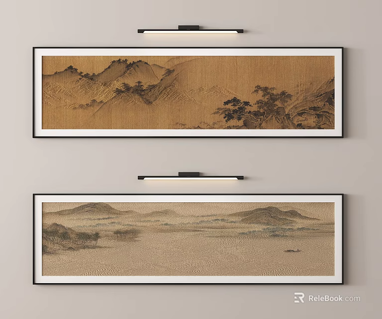 Black Framed Traditional Chinese Landscape Paintings Hanging On Light Wall With Mountains Water Trees 3d model 