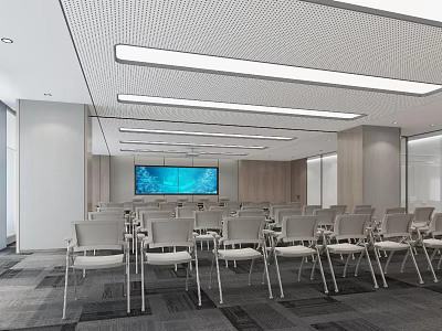 Modern Conference Room Interior Design With Arranged Chairs Large Screen And Ceiling Lights 3d model