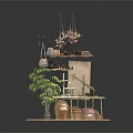 Rustic Decorative Shelf Display With Potted Plant Woven Baskets And Hanging Tools