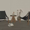 Black Leather Leisure Chairs With Wooden Frame Side Table Decorative Vase And Perforated Wall Panel