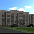 Modern Office Building Exterior Design With Glass Windows Columns Lawn And Parked Cars Front