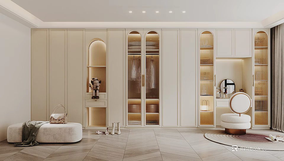 Modern Wardrobe Design With Glass Doors LED Lighting And Storage Shelves 3d model 