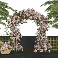 Commercial Equipment Pink Flower Arch With Green Trees Stone Path Flower Basket And Wooden Fence