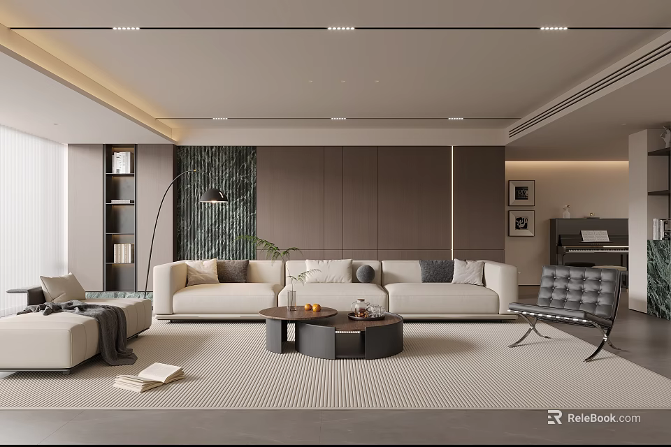 Modern Living Room Interior With Beige Sofa Floor Lamp Round Coffee Table And Patterned Rug 3d model 