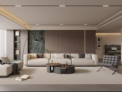 Modern Living Room Interior With Beige Sofa Floor Lamp Round Coffee Table And Patterned Rug 3d model
