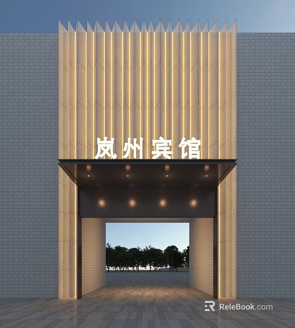 Modern Hotel Entrance Gate With Elegant Lighting And Wooden Striped Architectural Design 3d model 