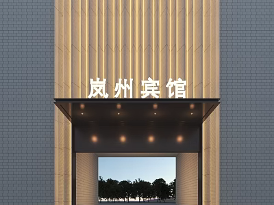 Modern Hotel Entrance Gate With Elegant Lighting And Wooden Striped Architectural Design 3d model