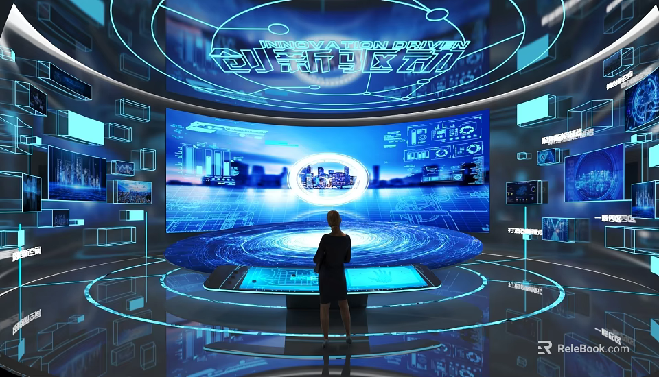 Person Engaging With Smart City Tech Display On Large Screen Featuring Urban Landscape And Digital Data 3d model 