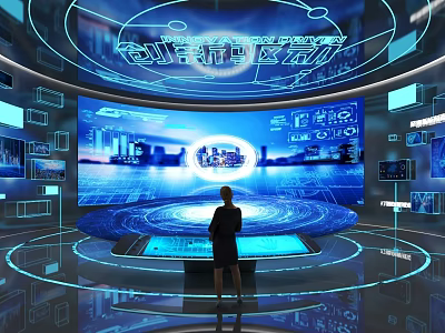 Person Engaging With Smart City Tech Display On Large Screen Featuring Urban Landscape And Digital Data 3d model