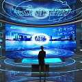 Person Engaging With Smart City Tech Display On Large Screen Featuring Urban Landscape And Digital Data