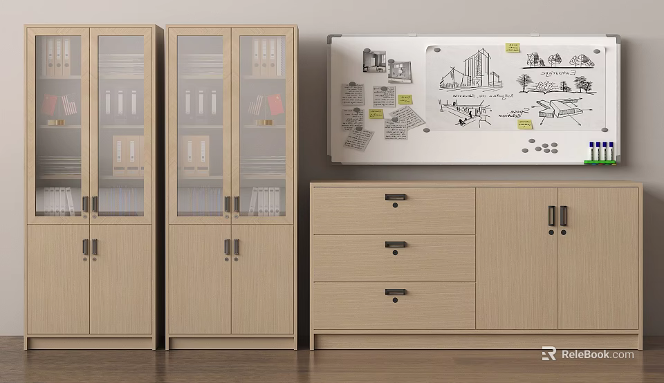 Modern Office Storage Space With Wooden Cabinets Whiteboard And Drawings 3d model 