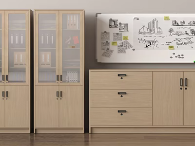Modern Office Storage Space With Wooden Cabinets Whiteboard And Drawings 3d model