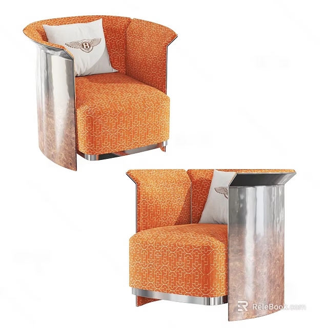 Modern Patterned Orange Fabric Single Sofa With Metallic Armrests And White Pillow 3d model