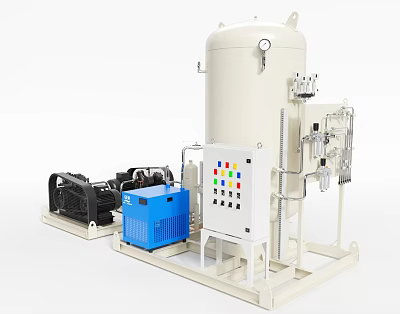 Industrial Equipment System Featuring White Cylindrical Tank Blue Component Control Panel With Colorful Buttons Mechanical Parts 3d model