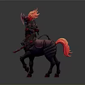 Mythical Centaur Like Creature With Red Black Armor Flaming Mane And Tail Holding Weapon
