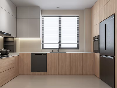 Modern Kitchen Interior Design With Light Wooden Cabinets Window Blinds And Black Appliances 3d model