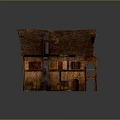 Traditional Wooden House With Thatched Roof Chimney Balcony Lit Windows And Arched Porch