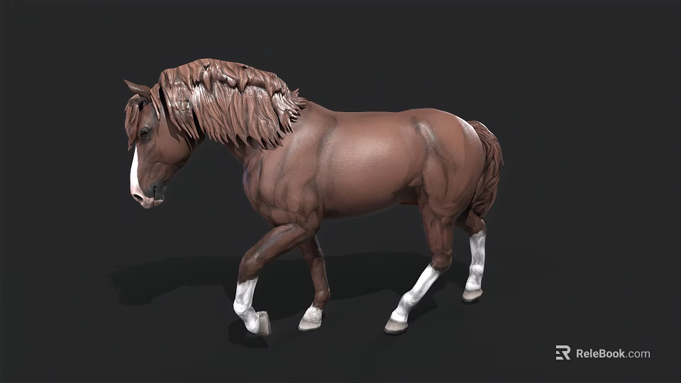 Realistic Brown Horse Sculpture With White Legs And Long Mane 3d model 