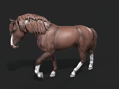 Realistic Brown Horse Sculpture With White Legs And Long Mane 3d model