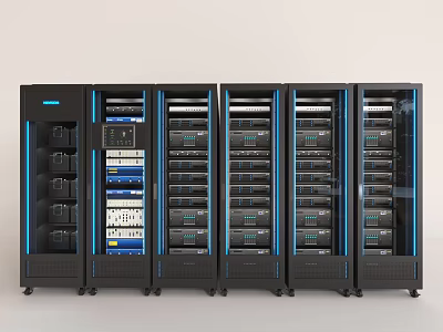 Office Appliances In Multiple Black Cabinets With Blue Accents And Layered Equipment 3d model