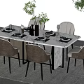 Modern Dining Table Set With Marble Top Gray Brown Chairs And Tableware Plants 3d model