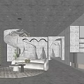 Modern Bridal Shop Interior with White Reception Desk Spiral Staircase Decorative Wall Art and Chandelier