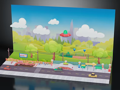 Cartoon Scene Construction With Blue Sky White Clouds UFO Green Grass Trees Road And Vehicles 3d model