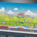Cartoon Scene Construction With Blue Sky White Clouds UFO Green Grass Trees Road And Vehicles