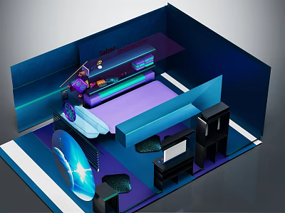 Cartoon Scene Bedroom Interior With Colorful Lights Blue Purple Tones Gaming Chair And Large Screen 3d model