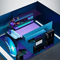 Cartoon Scene Bedroom Interior With Colorful Lights Blue Purple Tones Gaming Chair And Large Screen