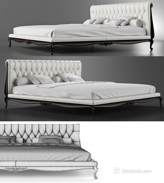 Elegant Double Bed With Tufted Headboard Ornate Black Frame And White Sheets 3d model 