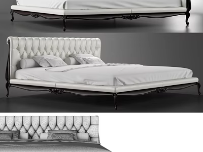Elegant Double Bed With Tufted Headboard Ornate Black Frame And White Sheets 3d model