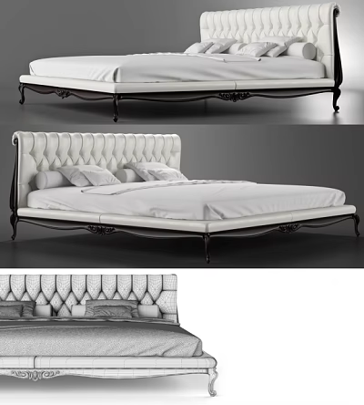 Elegant Double Bed With Tufted Headboard Ornate Black Frame And White Sheets 3d model