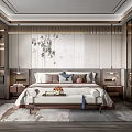 Modern Chinese Inspired Bedroom Interior With Floral Pattern Wall Wooden Furniture And Natural Light