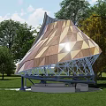 Modern Geometric Outdoor Pavilion With Wooden Panels Green Lawn Curved Pathway And Trees