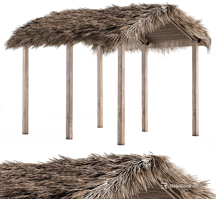 Rustic Traditional Outdoor Pavilion With Thatched Roof And Wooden Pillars 3d model 