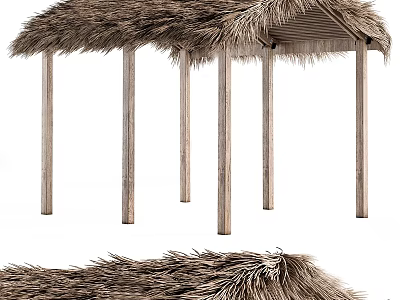 Rustic Traditional Outdoor Pavilion With Thatched Roof And Wooden Pillars 3d model