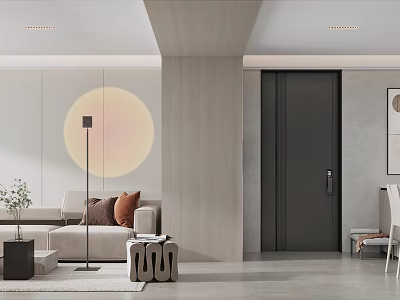 Modern Living Dining Room Interior With Circular Decorative Light Light Sofa And Floor Lamp 3d model