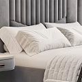 Luxury Double Bed With Velvet Headboard Striped Bedspread Pillows And Nightstand