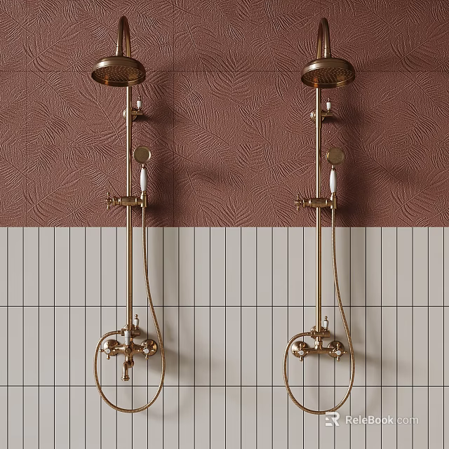 Two Golden Shower Fixtures In Bathroom With Brown And White Tiled Walls 3d model 
