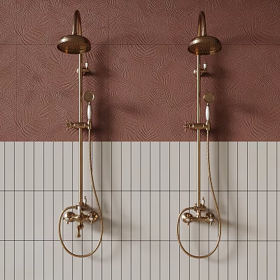 Two Golden Shower Fixtures In Bathroom With Brown And White Tiled Walls 3d model