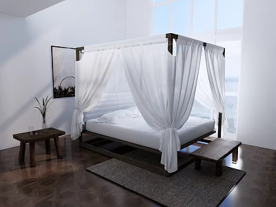 Four Poster Double Bed With White Canopy In Bright Room Large Windows Dark Wooden Flooring 3d model