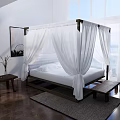 Four Poster Double Bed With White Canopy In Bright Room Large Windows Dark Wooden Flooring