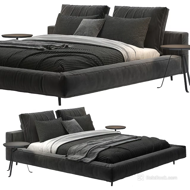 Modern Black Upholstered Double Bed With Side Tables And Soft Bedding 3d model