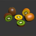 Whole and Sliced Kiwi with Green Flesh Black Seeds and Fresh Orange Fruits