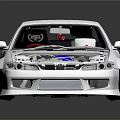 A White Modified Sports Car with Hood Open Revealing Blue Engine and Aerodynamic Body Kit