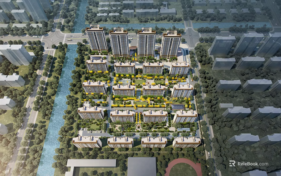 Modern Residential Community Aerial Planning With Green Spaces River And Buildings 3d model 