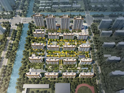Modern Residential Community Aerial Planning With Green Spaces River And Buildings 3d model